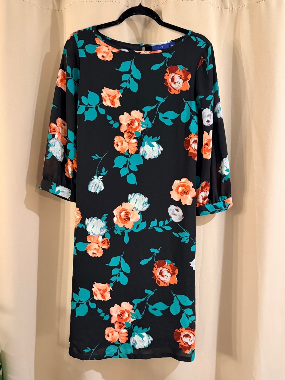 Apt. 9 Black Floral Shift Dress with Teal Leaves and Coral Blooms